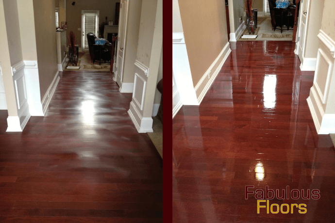 A before and after shot of a hardwood floor refinishing in Lorain, OH