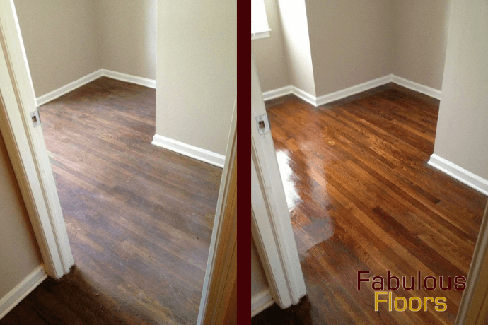 Before and after hardwood floor refinishing in Chagrin Falls, OH