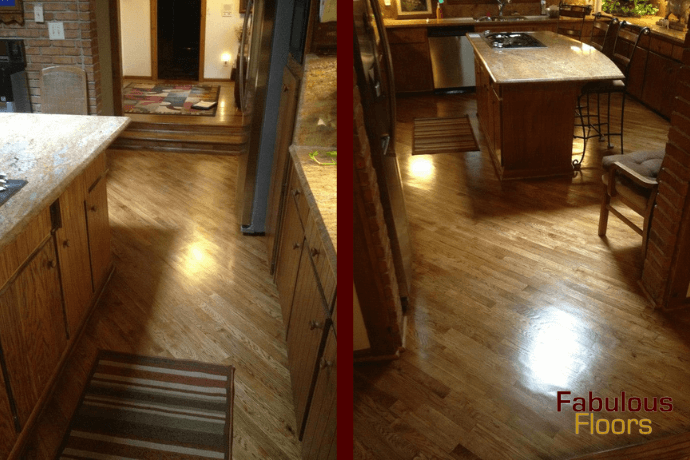 before and after of a hardwood resurfacing job in a parma kitchen