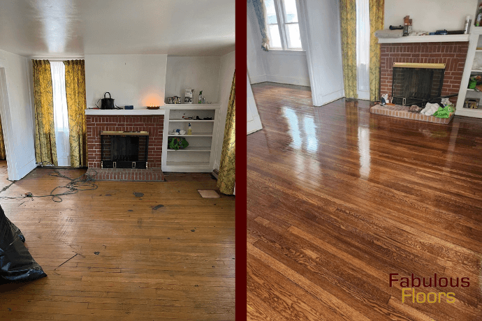 before and after floor refinishing in a living room in brook park, oh